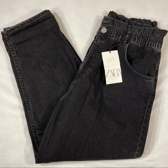NWT Zara Black Elastic Paper Bag Waist Ultra High Rise 100% Cotton Jeans Size XL - Picture 8 of 16